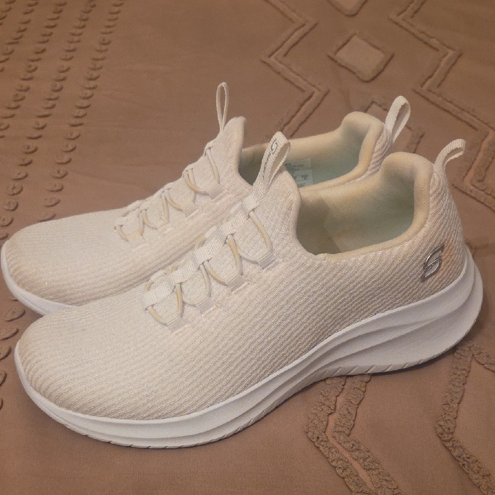 Skechers Women's Cream Slip-On Knit Athletic Sneakers